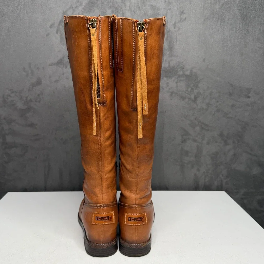Pikolinos Tall Riding Boots Women 40 Cognac Brown Leather Back Zip Equestrian